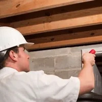 Termite inspection technician checking a basement wall and framing for termite activity in Indianapolis, IN